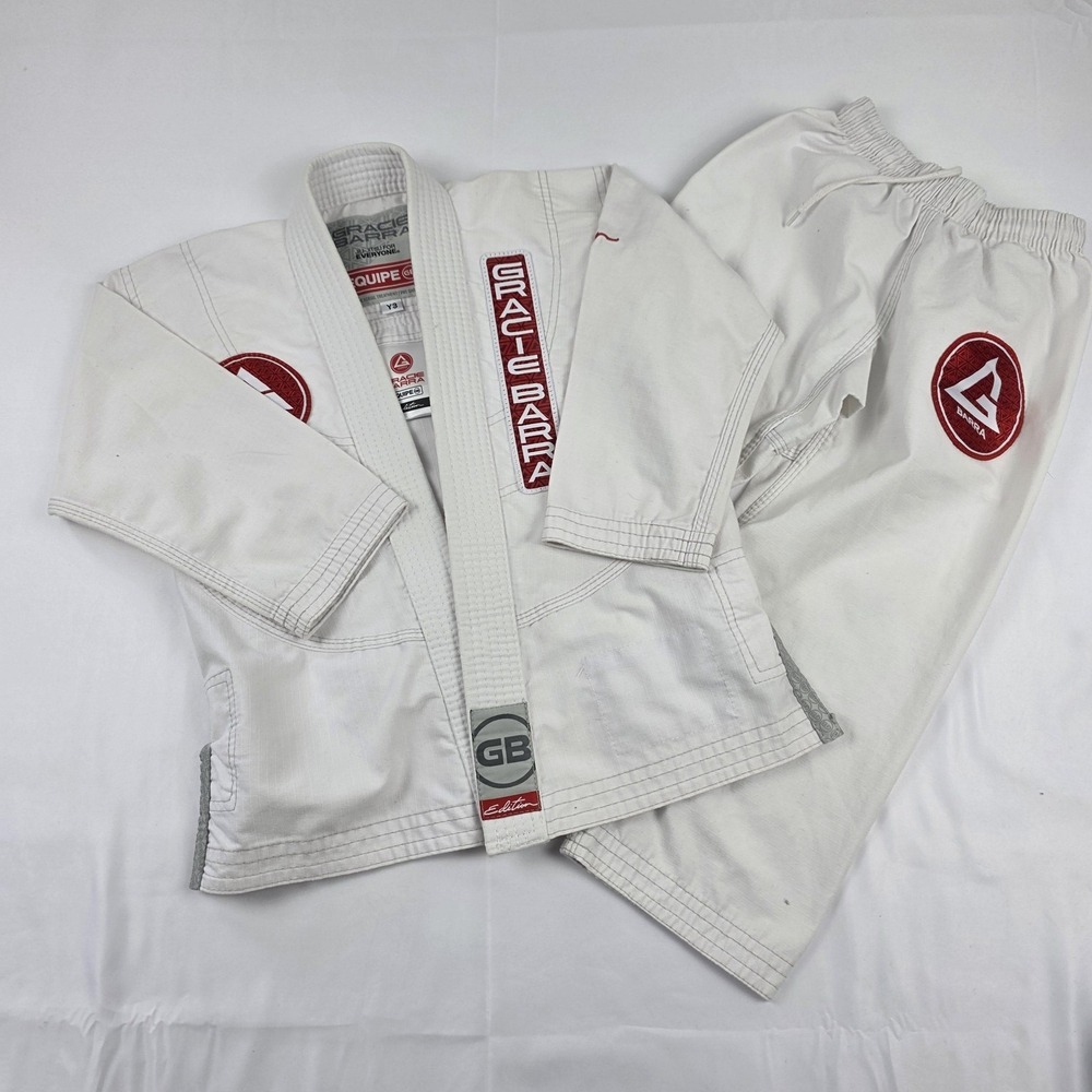 Gracie Barra Gi Set Kids 7-8 Y3 White Jiu Jitsu Uniform Jacket Pants Logo Equipe